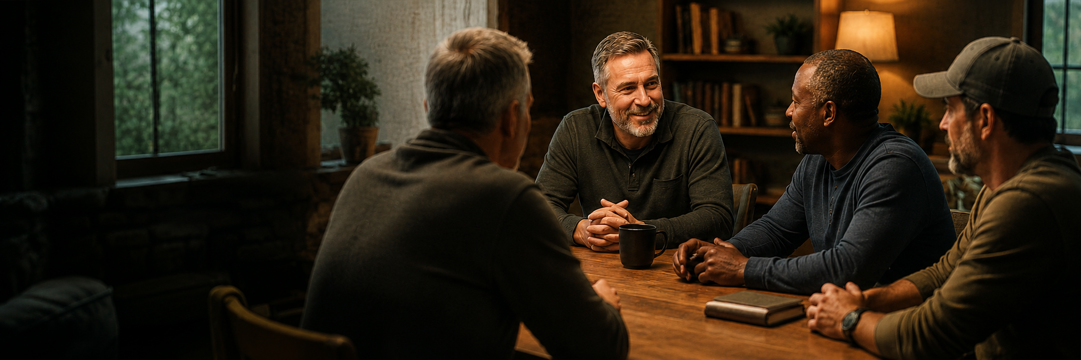 Men gathered around a table in meaningful conversation